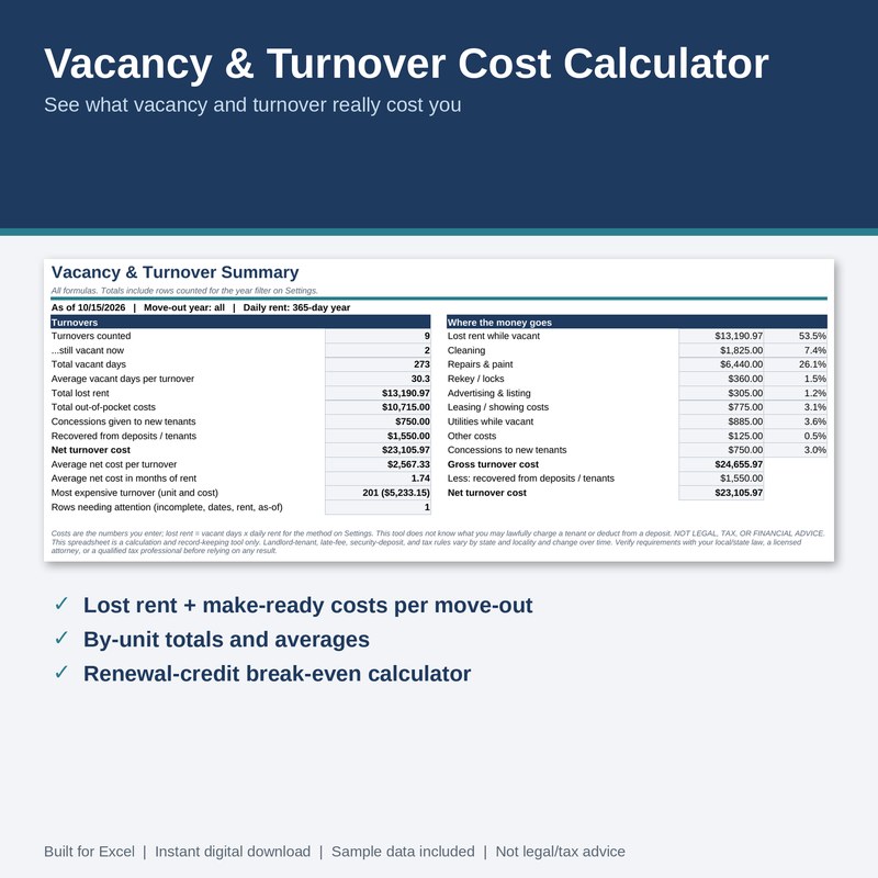Vacancy and Turnover Cost Calculator spreadsheet: summary of lost rent and turnover costs with sample data